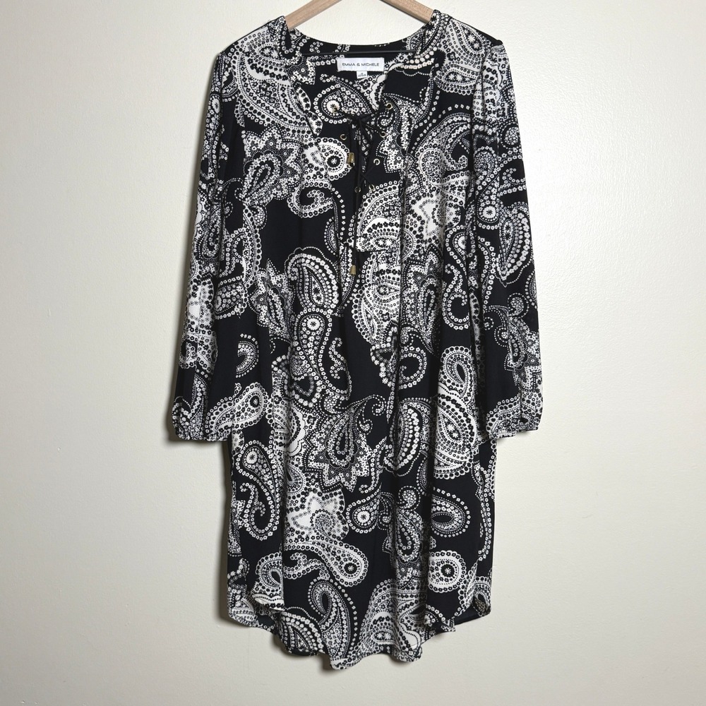 Emma & Michelle Womens Shift Mini Dress 1X Black White Paisley Tassels Boho Chic